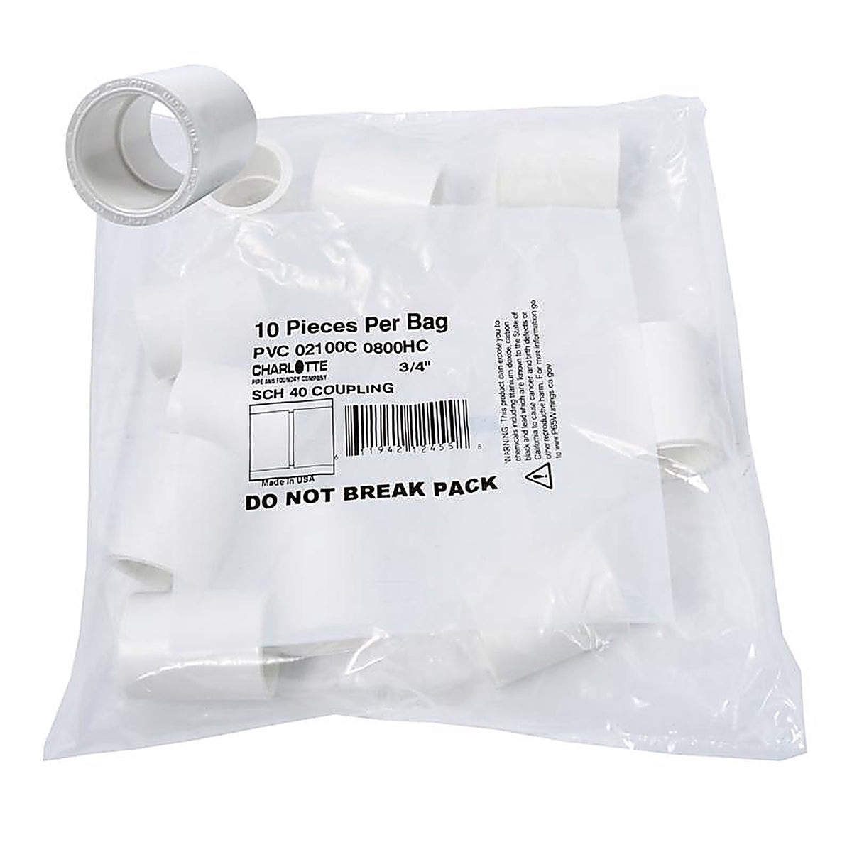 Charlotte Pipe PVC02100C0800 Schedule 40 3/4 in. Slip x 3/4 in. Dia. Slip PVC Coupling
