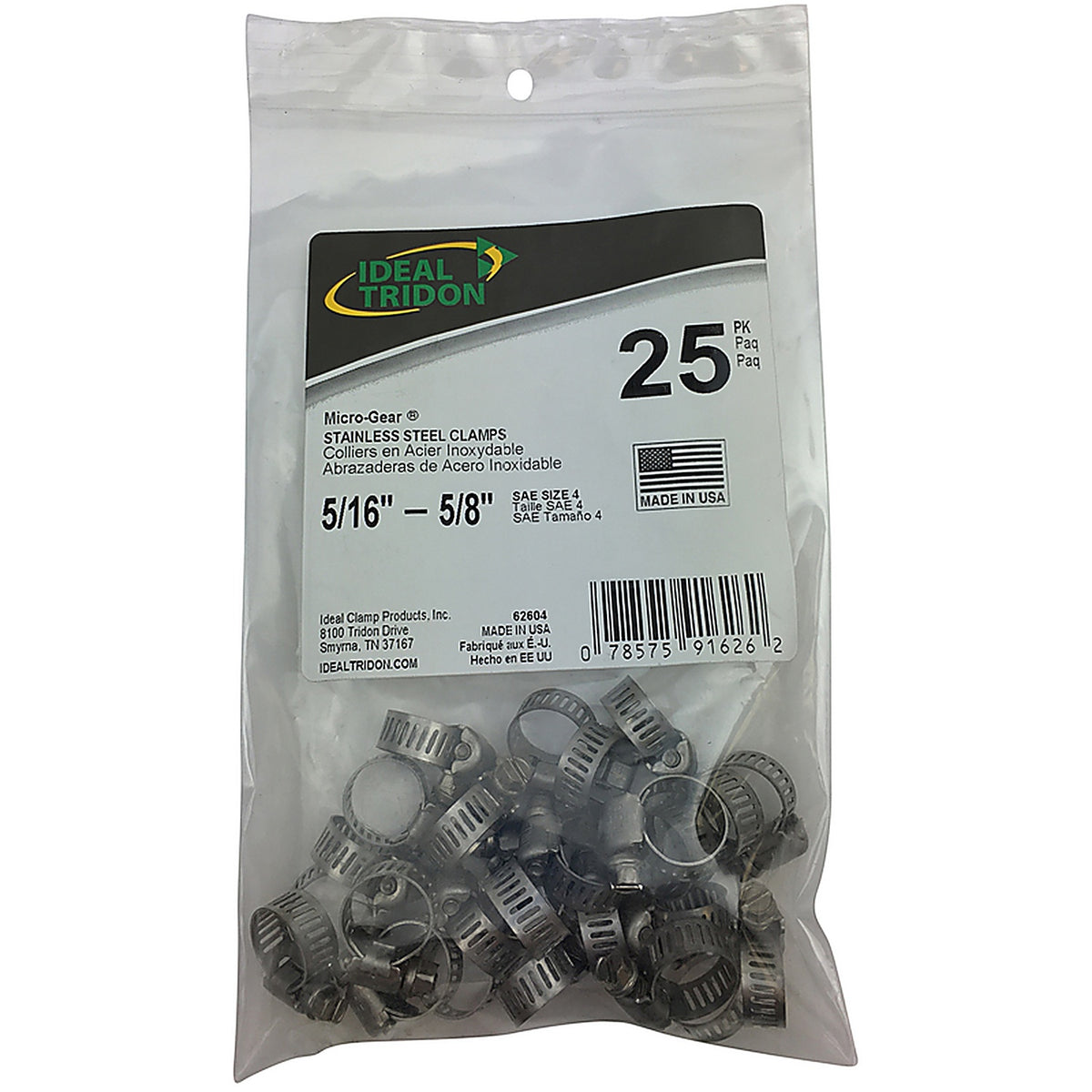 Ideal 6260450 Tridon Micro-Gear 5/16 in. to 5/8 in. SAE 4 Silver Hose Clamp Stainless Steel Band