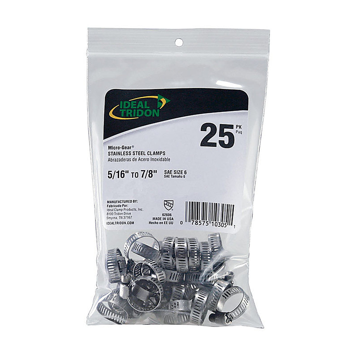 Ideal 6260650 Tridon Micro-Gear 5/16 in. to 7/8 in. SAE 6 Silver Hose Clamp Stainless Steel Band