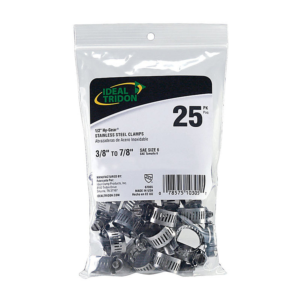 Ideal 6706550 Tridon Hy Gear 3/8 in. to 7/8 in. SAE 6 Silver Hose Clamp Stainless Steel Band