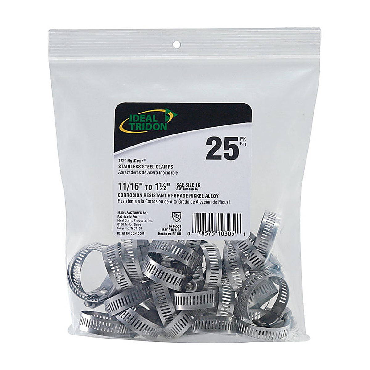 Ideal 6716550 Tridon 11/16 in. 1-1/2 in. SAE 16 Silver Hose Clamp Stainless Steel Band