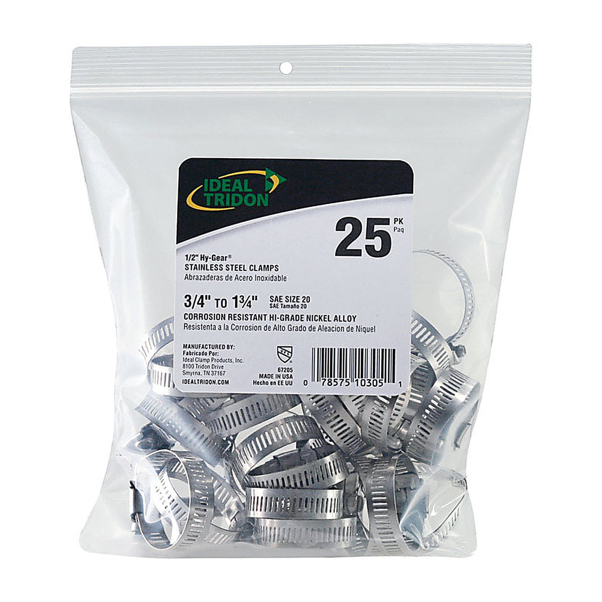 Ideal 6720550 Tridon Hy Gear 3/4 in. to 1-3/4 in. SAE 20 Silver Hose Clamp Stainless Steel Band