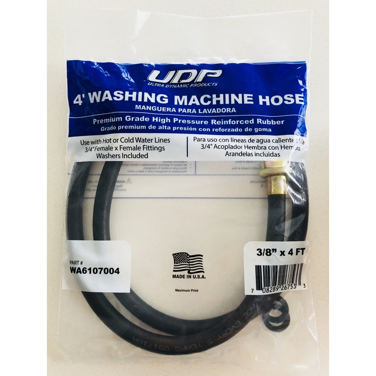 UDP WA6107004 Rubber Washing Machine Hose 3/8 in. Dia. x 4 ft. L 3/8 in.