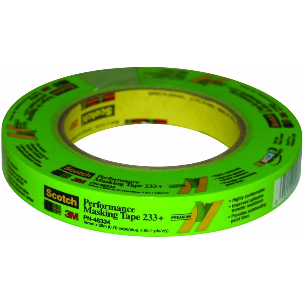3M 46334 Scotch Performance Green Masking Tape 233+, 18 mm width (.71 inches)