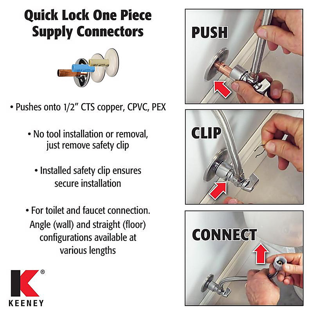 Keeney 2622PCPOLFC12K Quick Lock 1/2 in. Push x 1/2 in. Dia. Push 12 in. Stainless Steel Toilet Supply Line