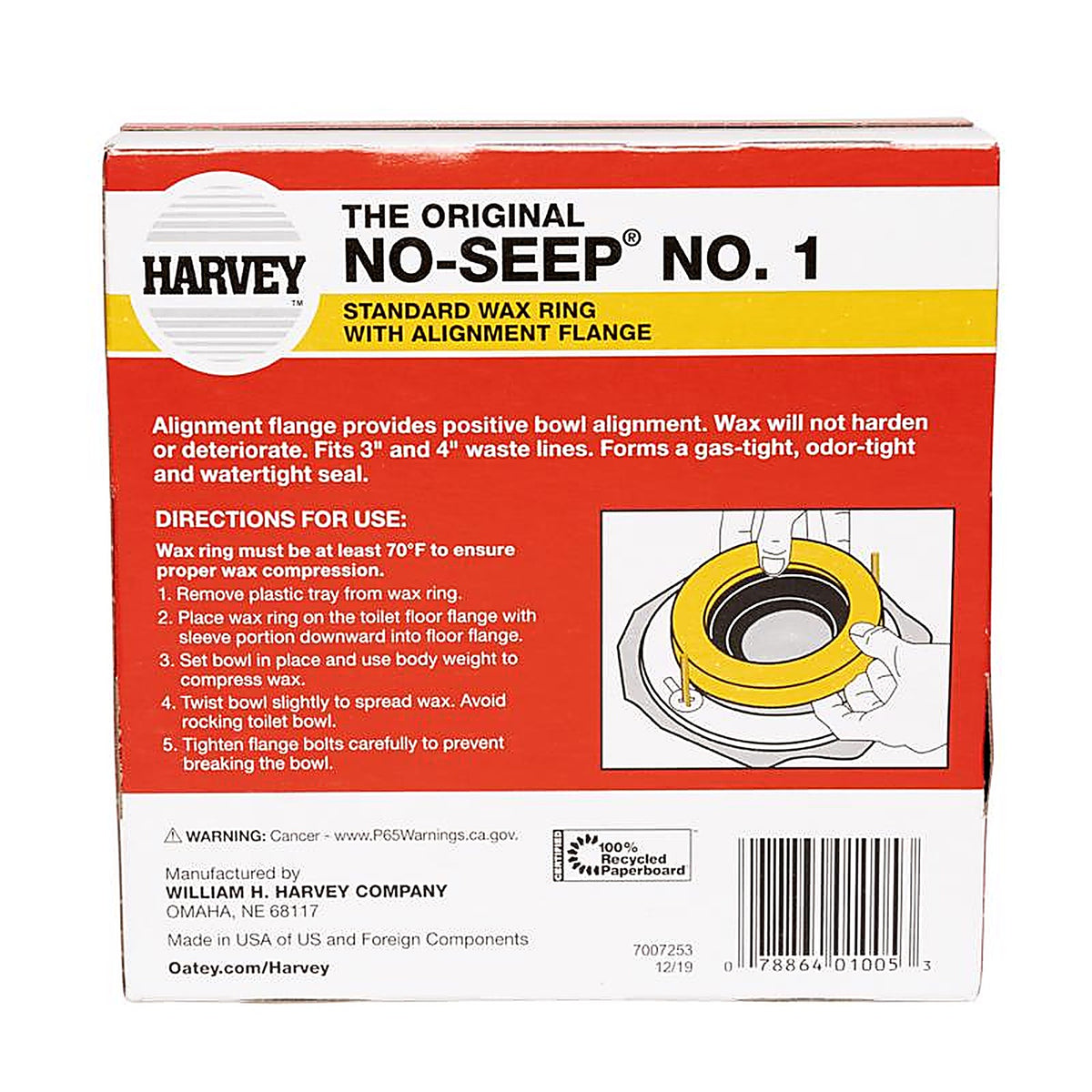 Oatey 001005-24 Harvey's No-Seep Wax Ring Polyethylene/Wax For 3 inch and 4 inch Waste Lines