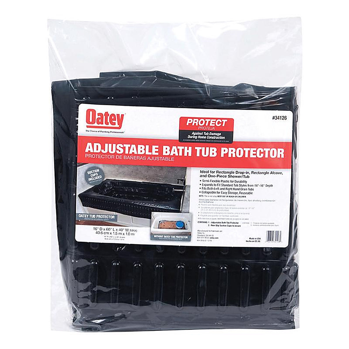 Oatey 34126 2 H x 15 W x 15 L Black Adjustable Bathtub Protector
