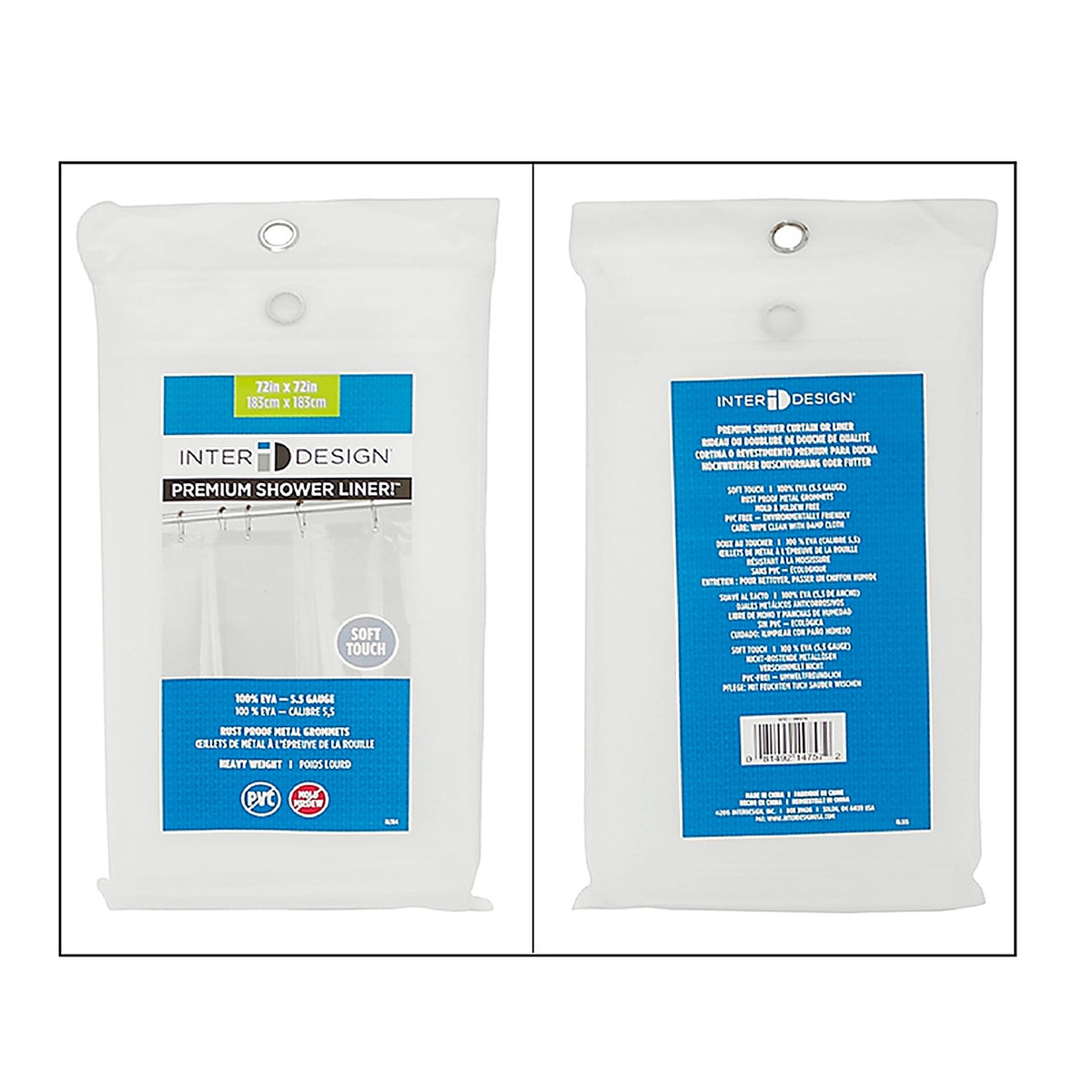 InterDesign 14757 72 in. H x 72 in. W Clear Shower Curtain Liner EVA