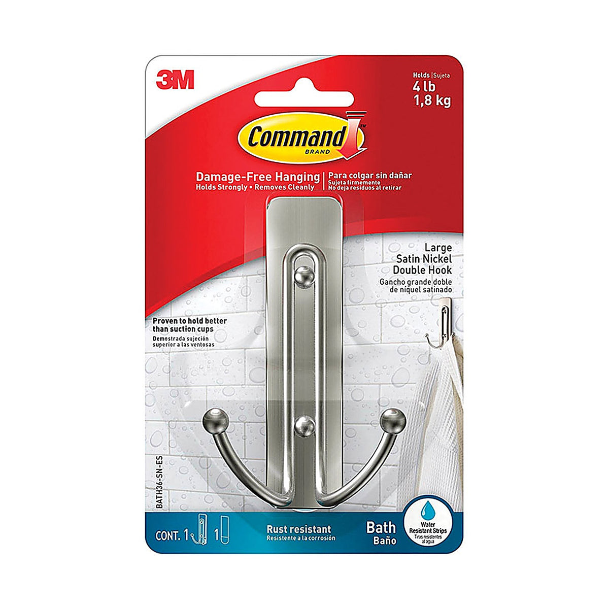 3M BATH36-SN-ES Large Plastic Hook 4.03 in. L 1/Pack
