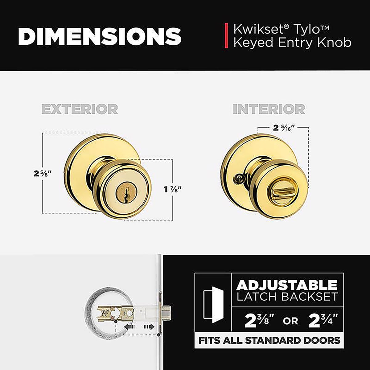 Kwikset 94002-873 Tylo Polished Brass Entry Knobs ANSI/BHMA Grade 3 1-3/4 in.