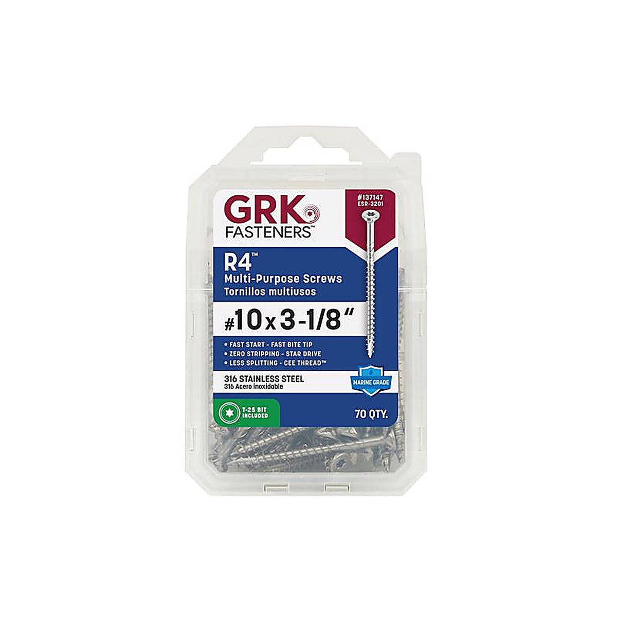 GRK Fasteners 137147 R4 No. 10 x 3-1/8 in. L Star Flat Head Multi-Purpose Screw 70/Pack