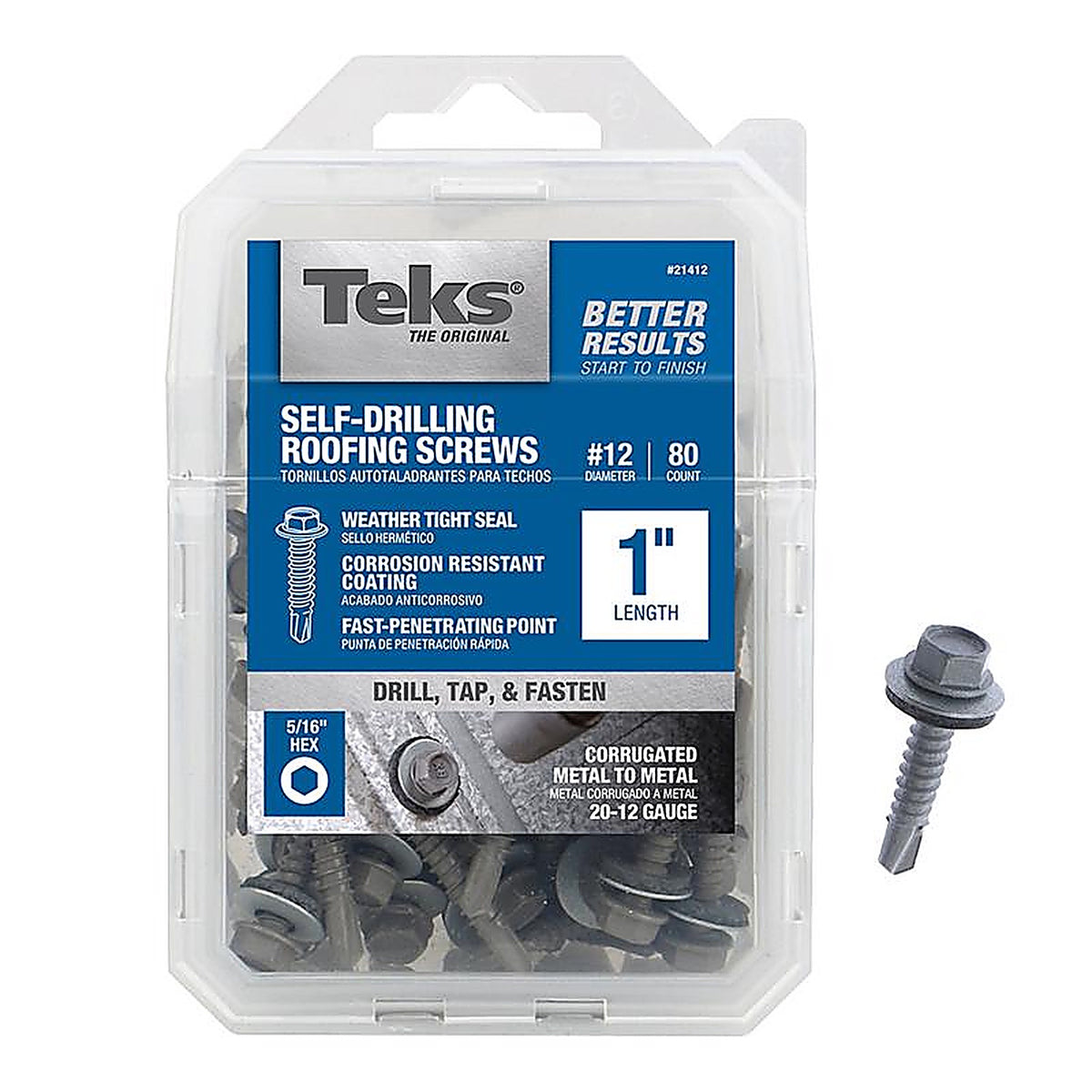 Teks 21412 No. 12 x 1 in. L Hex Washer Head Roofing Screws 80/Pack