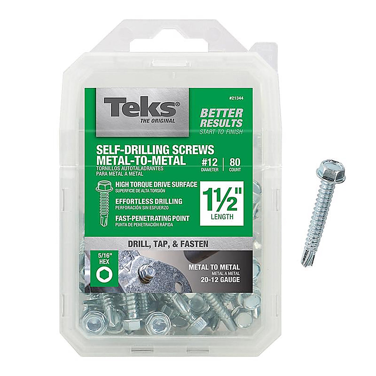 Teks 21344 No. 12 x 1-1/2 in. L Hex Washer Head Zinc-Plated Steel Sheet Metal Screws 80/Pack