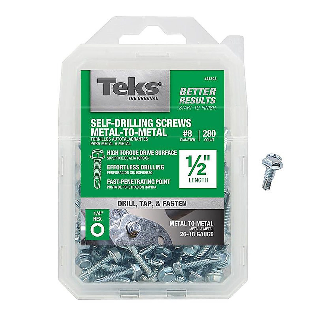 Teks 21308 No. 8 x 1/2 in. L Hex Washer Head Zinc-Plated Steel Sheet Metal Screws 280/Pack