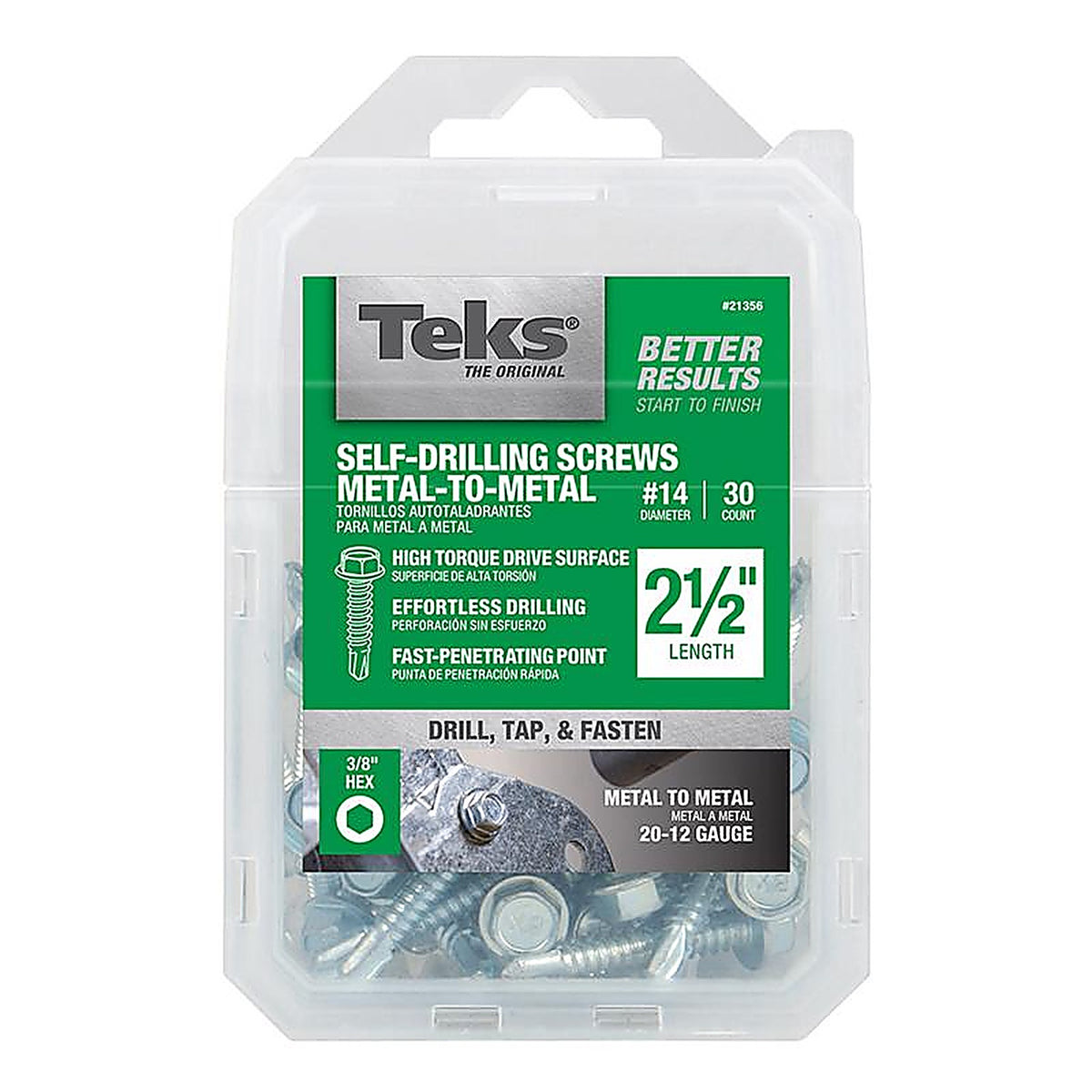Teks 21356 No. 14 x 2-1/2 in. L Hex Washer Head Zinc-Plated Steel Sheet Metal Screws 30/Pack