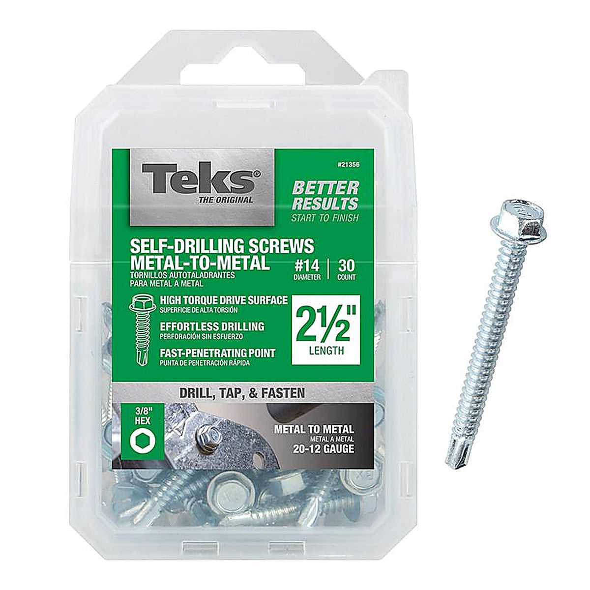 Teks 21356 No. 14 x 2-1/2 in. L Hex Washer Head Zinc-Plated Steel Sheet Metal Screws 30/Pack