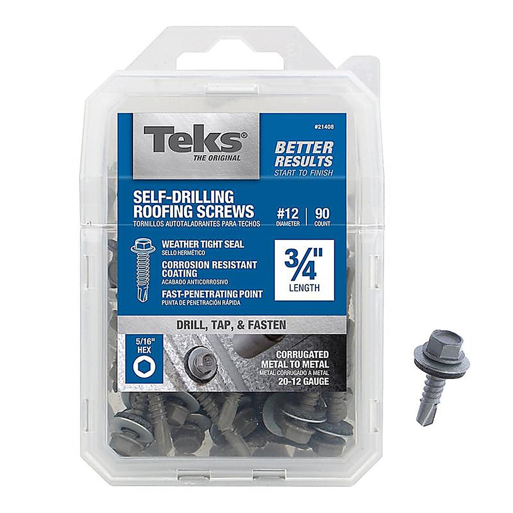 Teks 21408 No. 12 x 3/4 in. L Hex Washer Head Roofing Screws 90/Pack