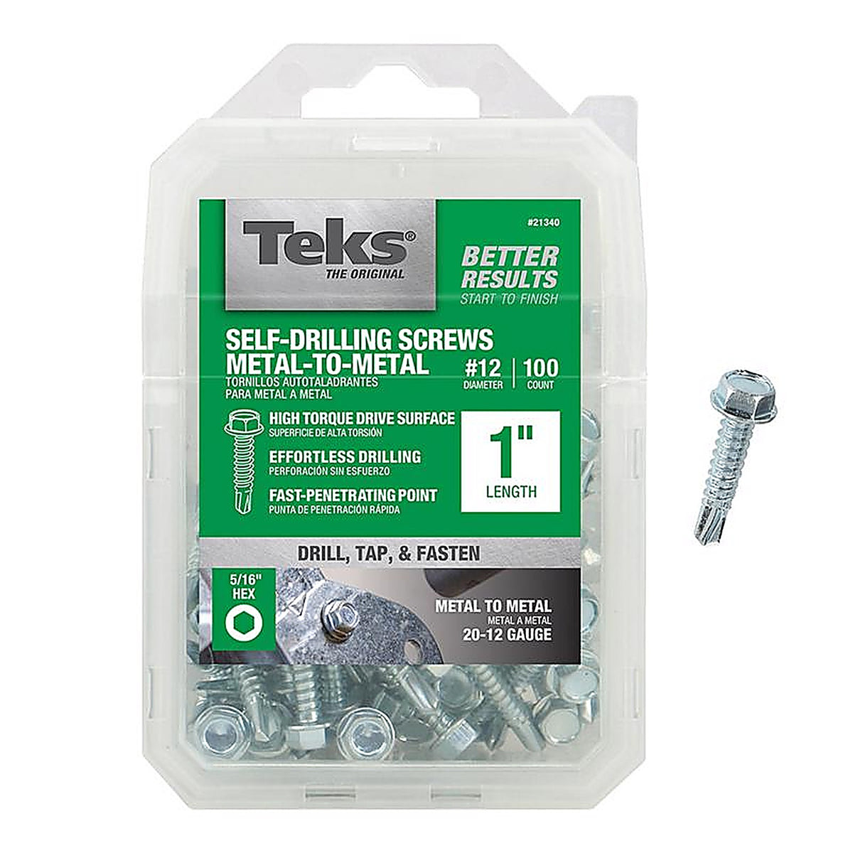 Teks 21340 No. 12 x 1 in. L Hex Washer Head Zinc-Plated Steel Sheet Metal Screws 100/Pack