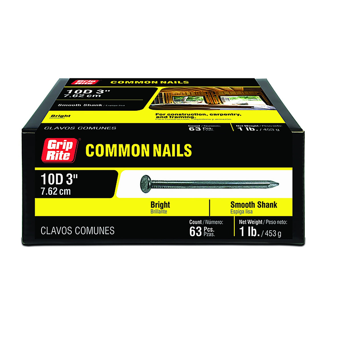 Grip-Rite 10C1 10D 3 in. Common Bright Steel Nail Flat 1 lb.