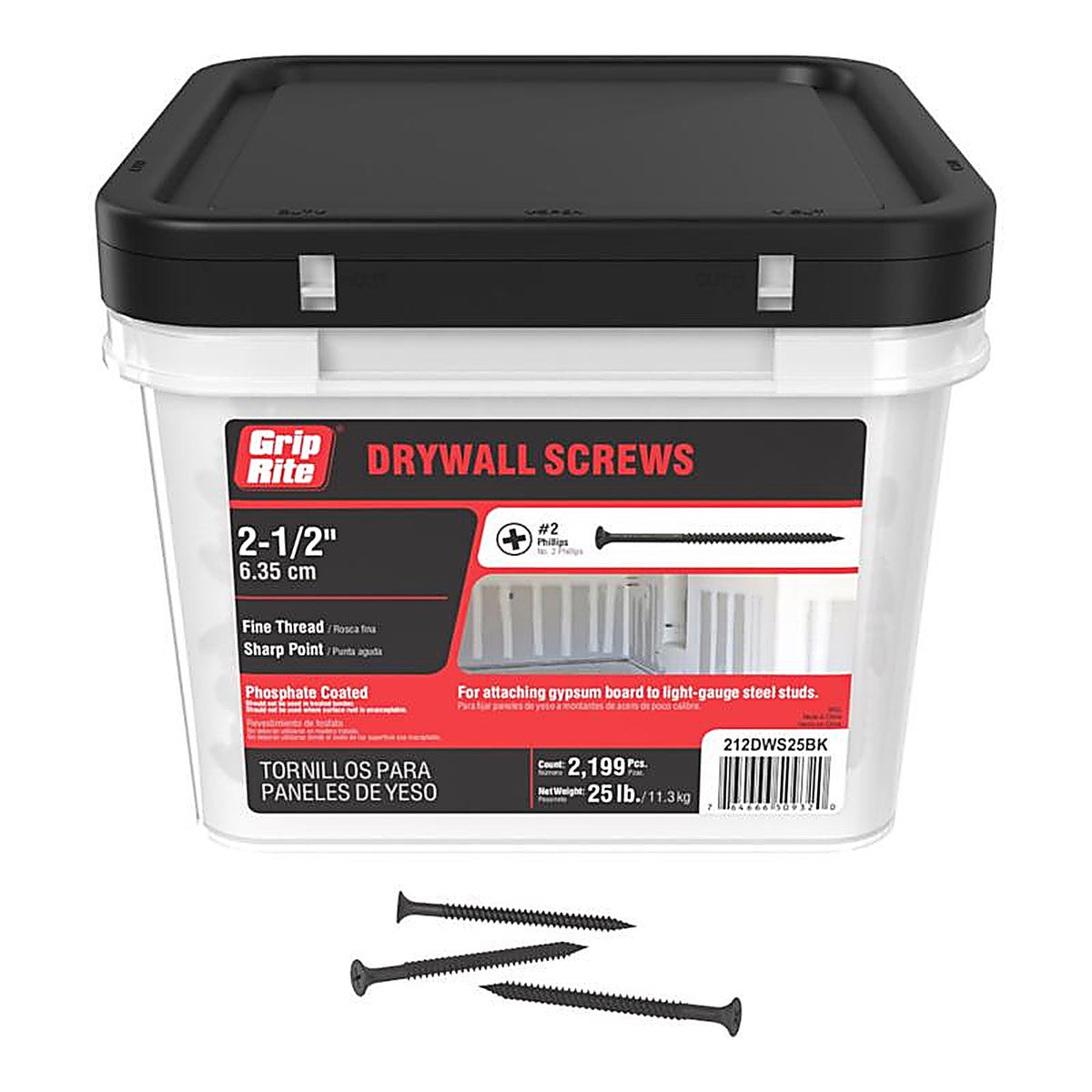 Grip-Rite 212DWS25BK No. 8 x 2-1/2 in. L Phillips Drywall Screws 25 lb. 2975/Pack