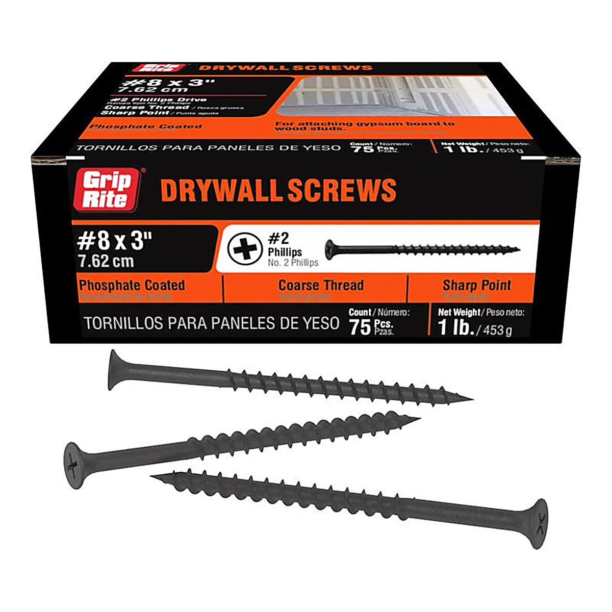 Grip-Rite 3CDWS1 No. 8 x 3 in. L Phillips Drywall Screws 1 lb. 83/Pack