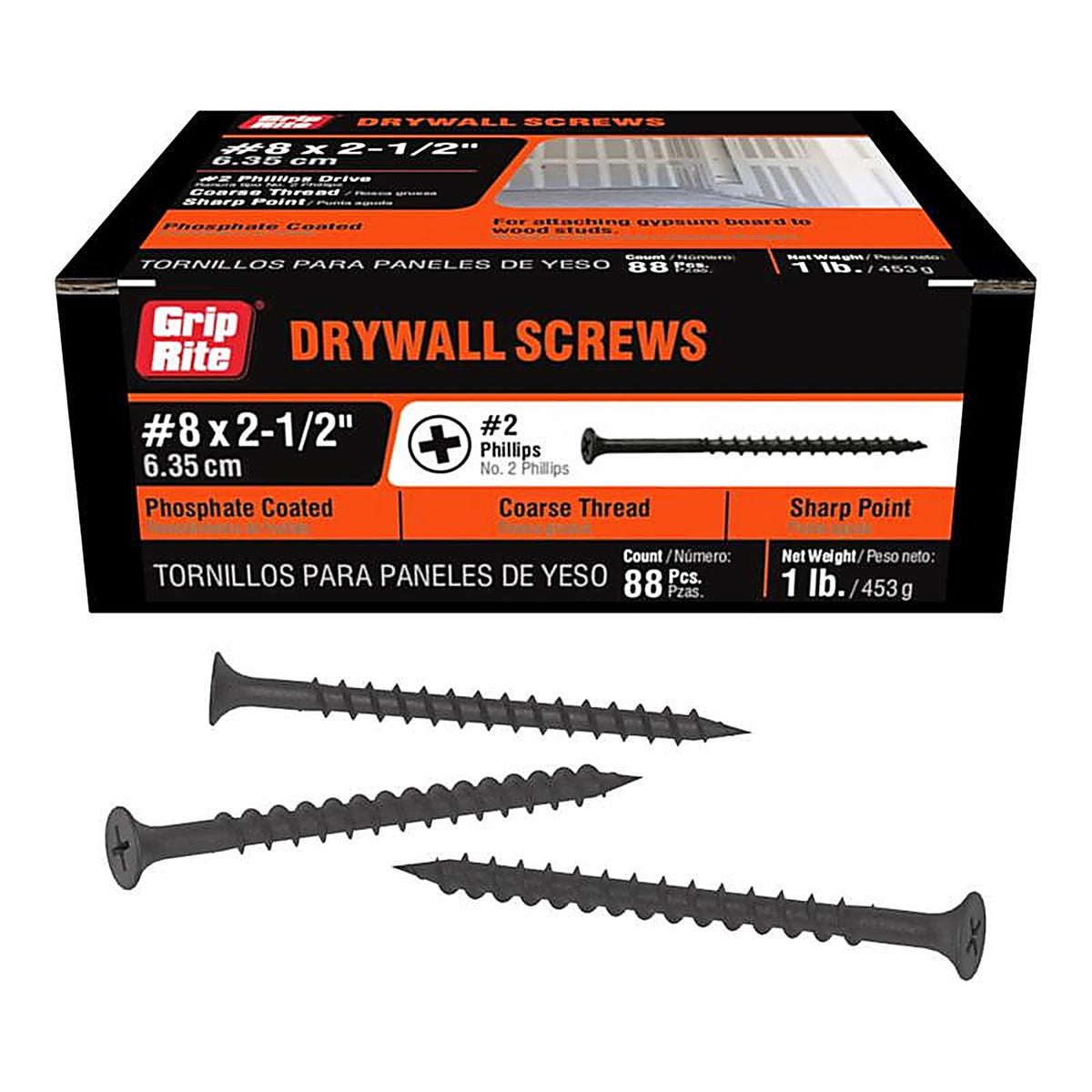 Grip-Rite 212CDWS1 No. 8 x 2-1/2 in. L Phillips Drywall Screws 1 lb. 149/Pack