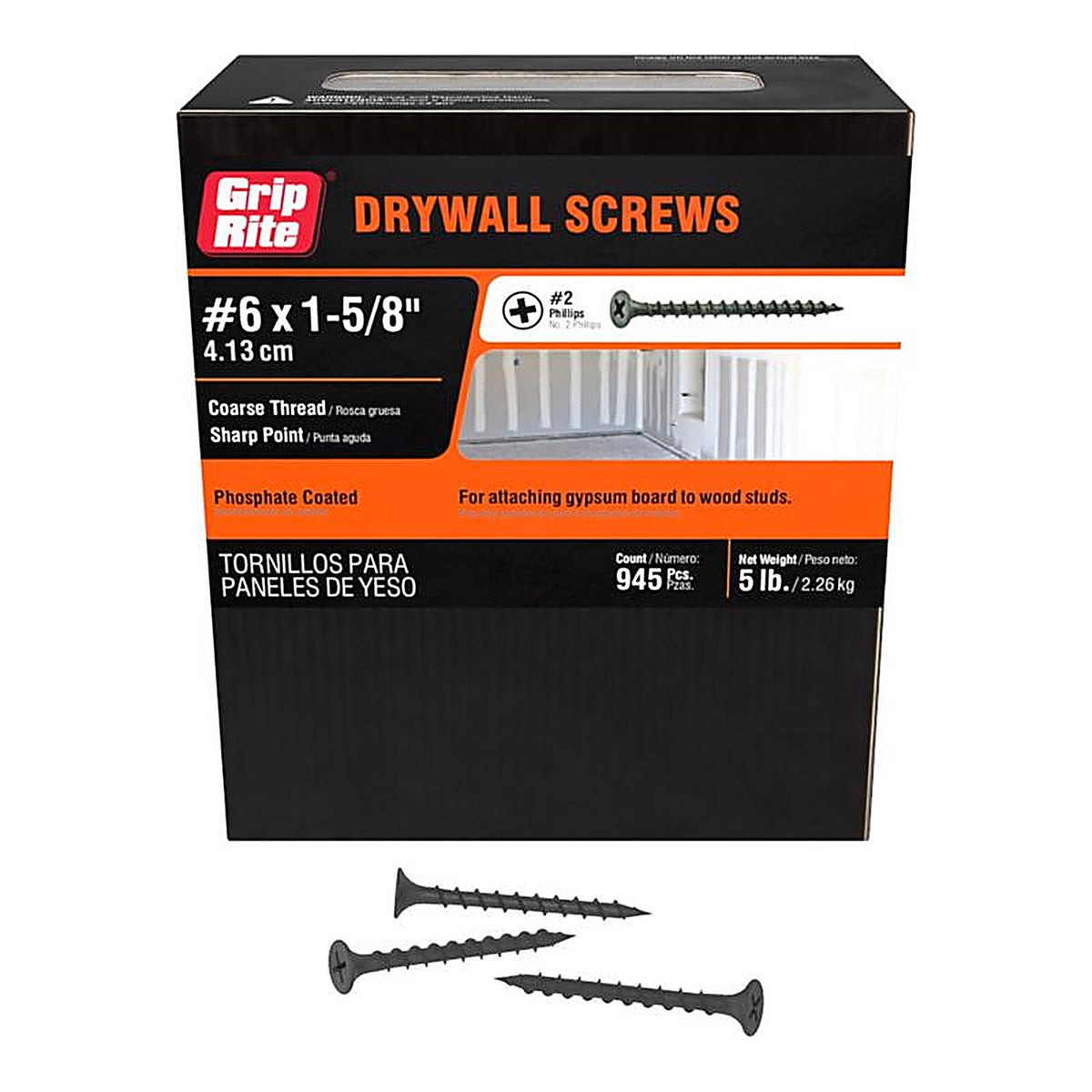 Grip-Rite 158CDWS5 No. 6 x 1-5/8 in. L Phillips Drywall Screws 5 lb. 1000/Pack