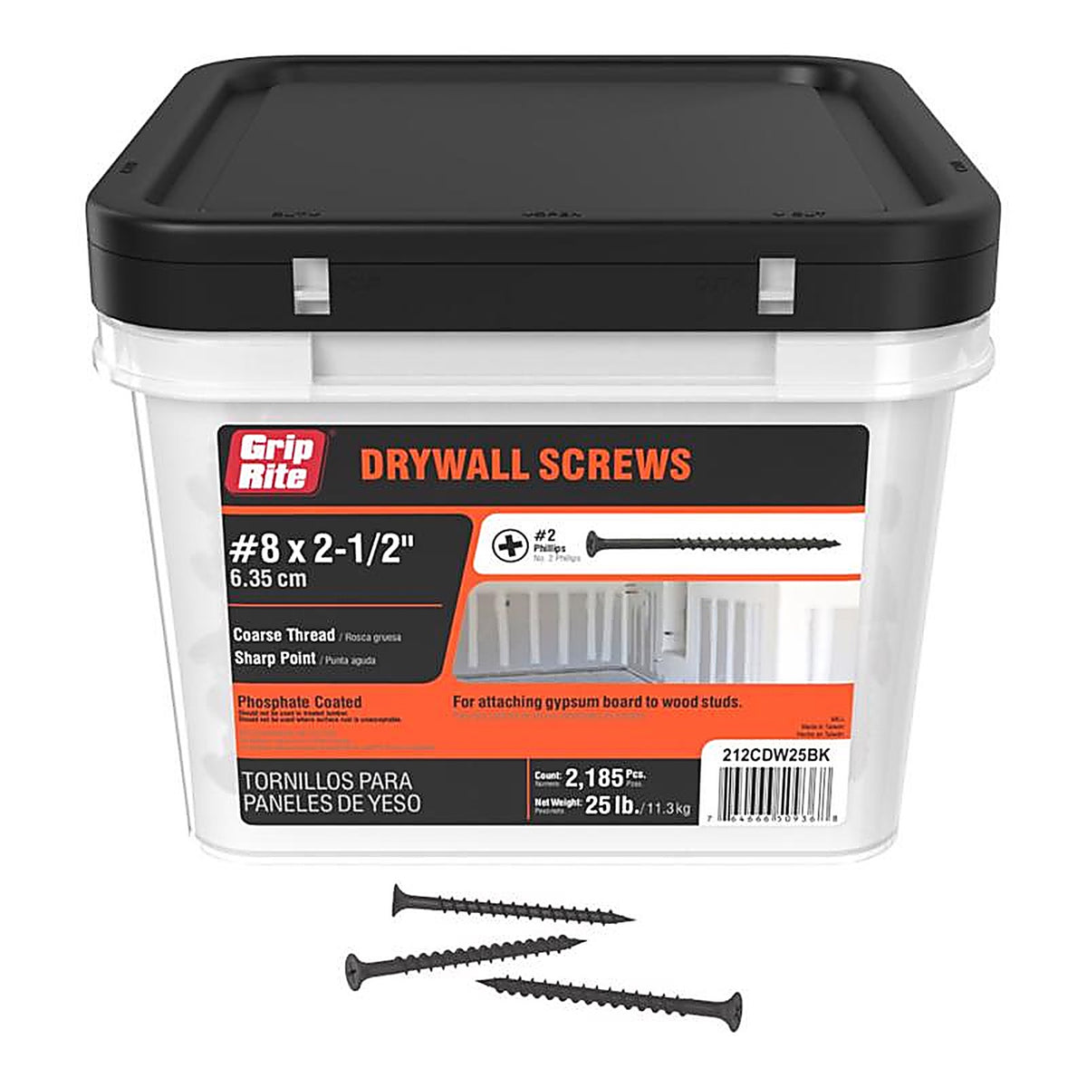 Grip-Rite 212CDW25BK No. 8 x 2-1/2 in. L Phillips Drywall Screws 25 lb. 2975/Pack