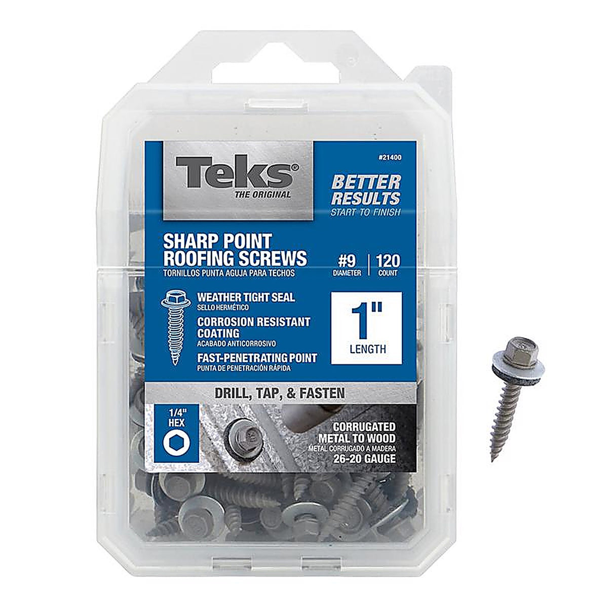 Teks 21400 No. 9 x 1 in. L Hex Drive Hex Washer Head Roofing Screws 120/Pack