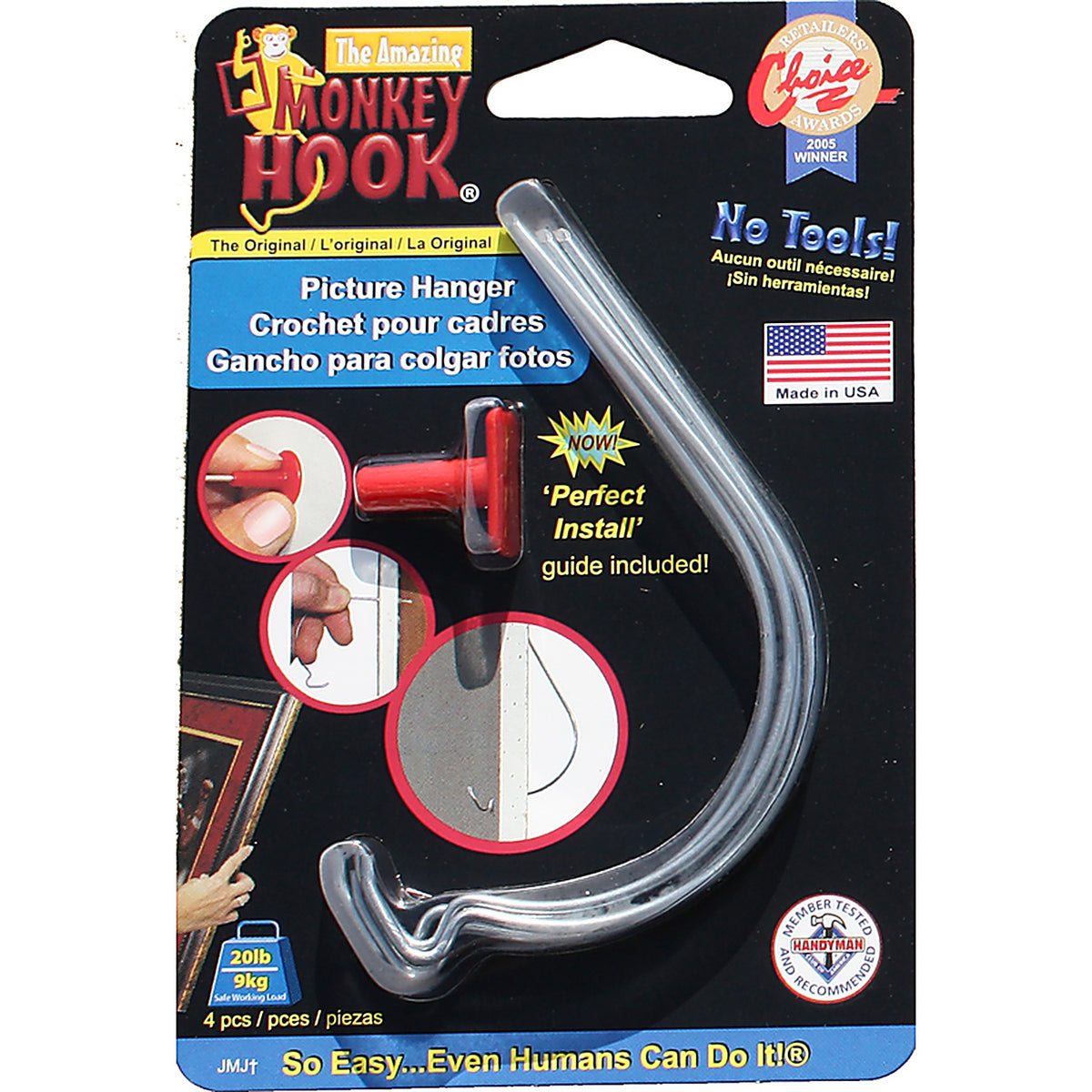 Monkey Hook TMH-345 Galvanized Silver Picture Hanger 20 lb. 4/Pack