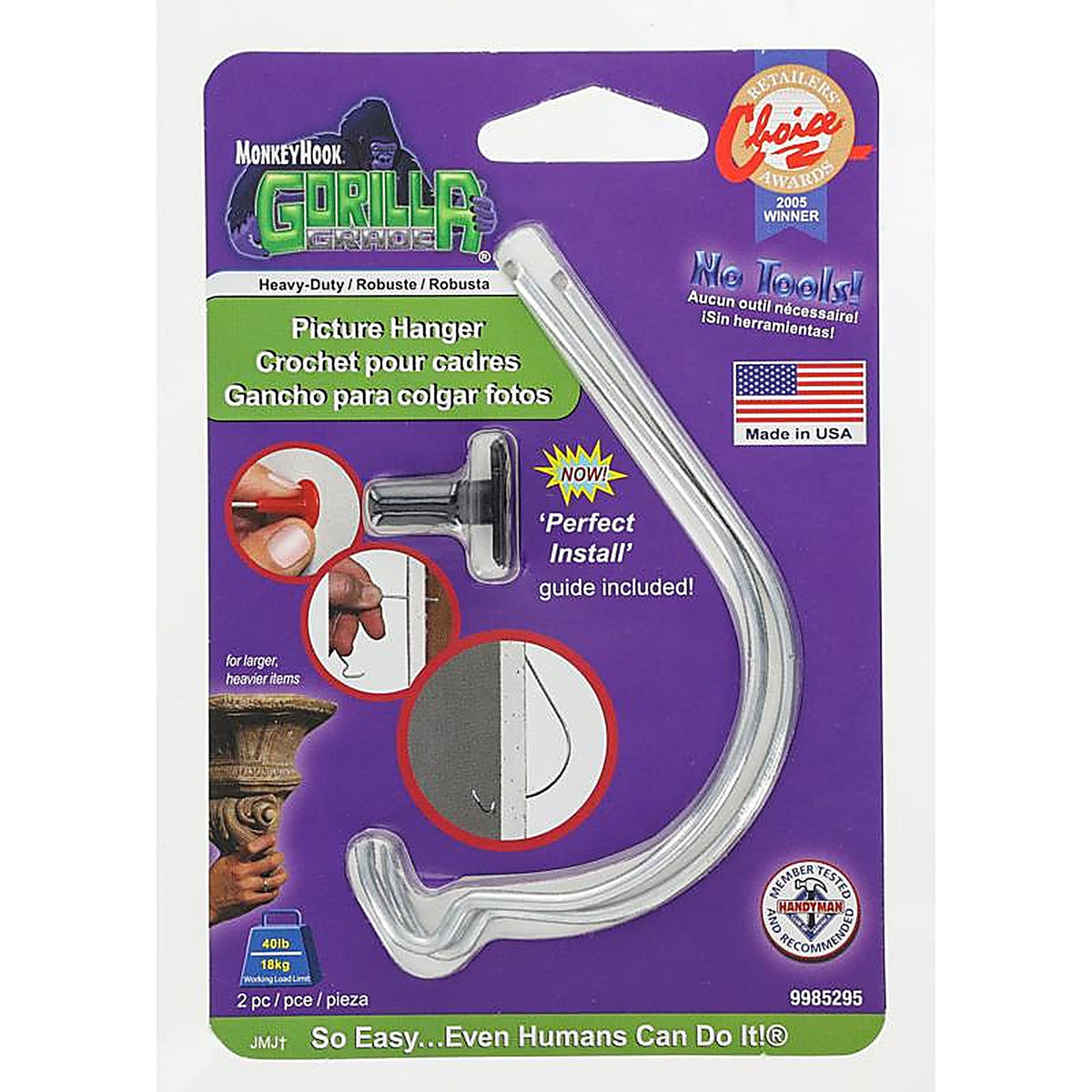 Monkey Hook TMH-222 Gorilla Grade Galvanized Silver Picture Hanger 40 lb. 2/Pack