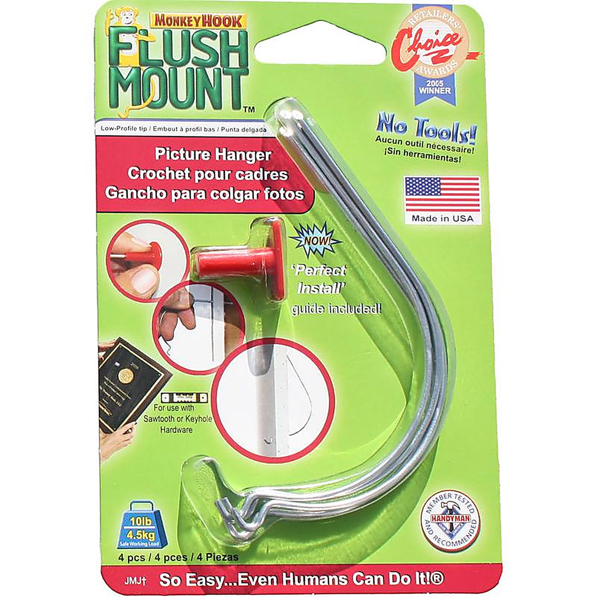 Monkey Hook TMH-444 Flush-Mount Galvanized Silver Picture Hanger 10 lb. 4/Pack