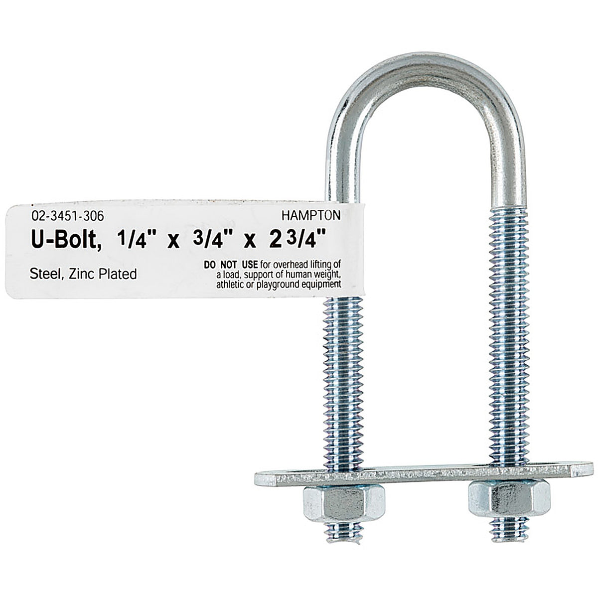 Hampton 02-3451-306 1/4 in. x 3/4 in. W x 2-3/4 in. L Coarse Zinc-Plated Steel U-Bolt