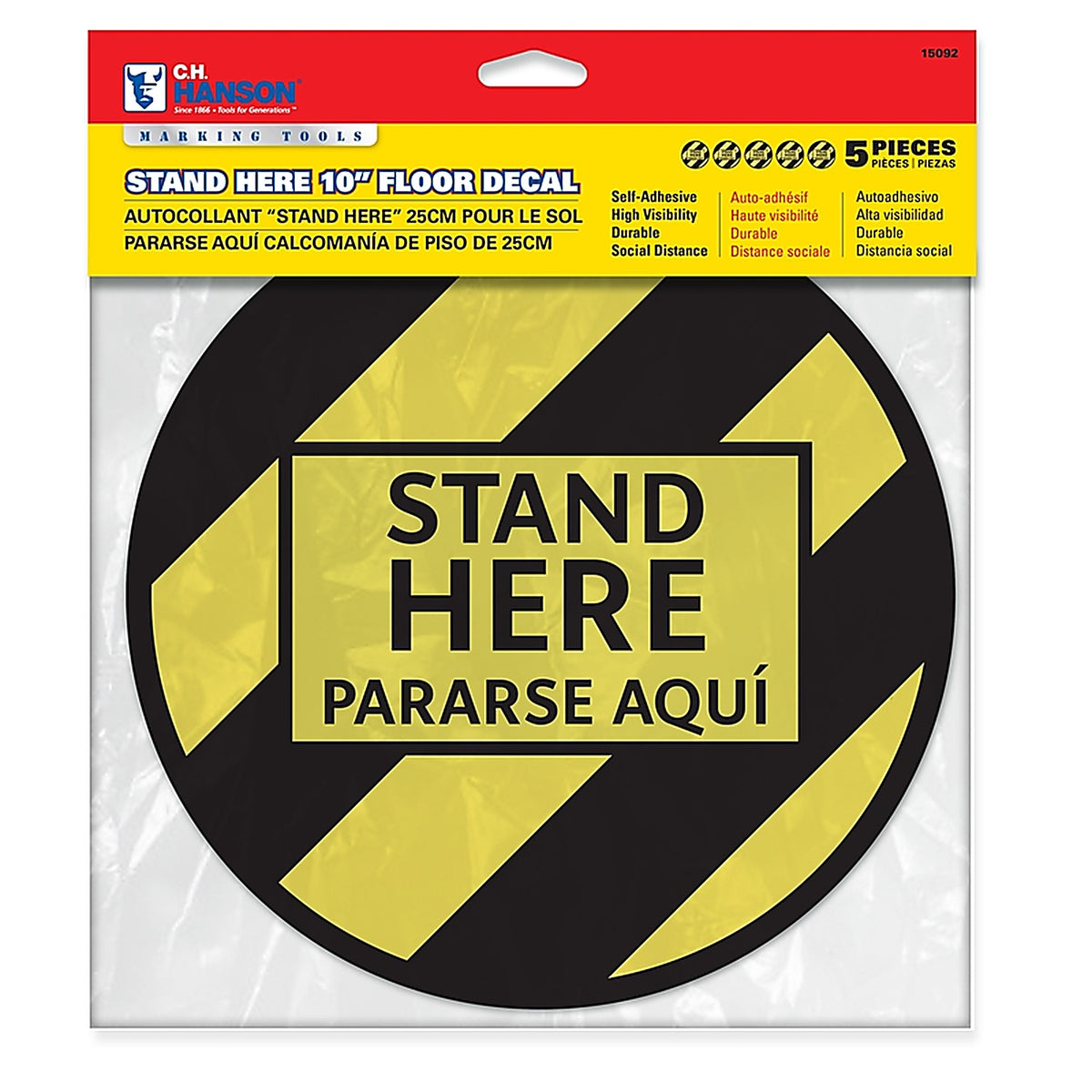 C.H. Hanson 15092 Bilingual Yellow Social Distancing Decal 0.08 in. H x 10 in. W