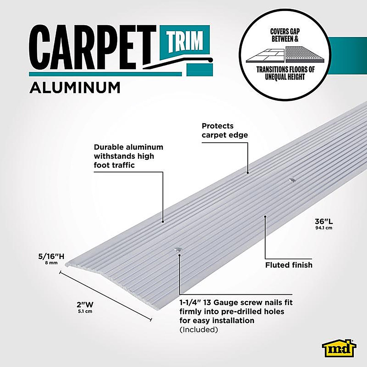 M-D 78212 0.19 in. H x 36 in. L Prefinished Silver Aluminum Carpet Trim
