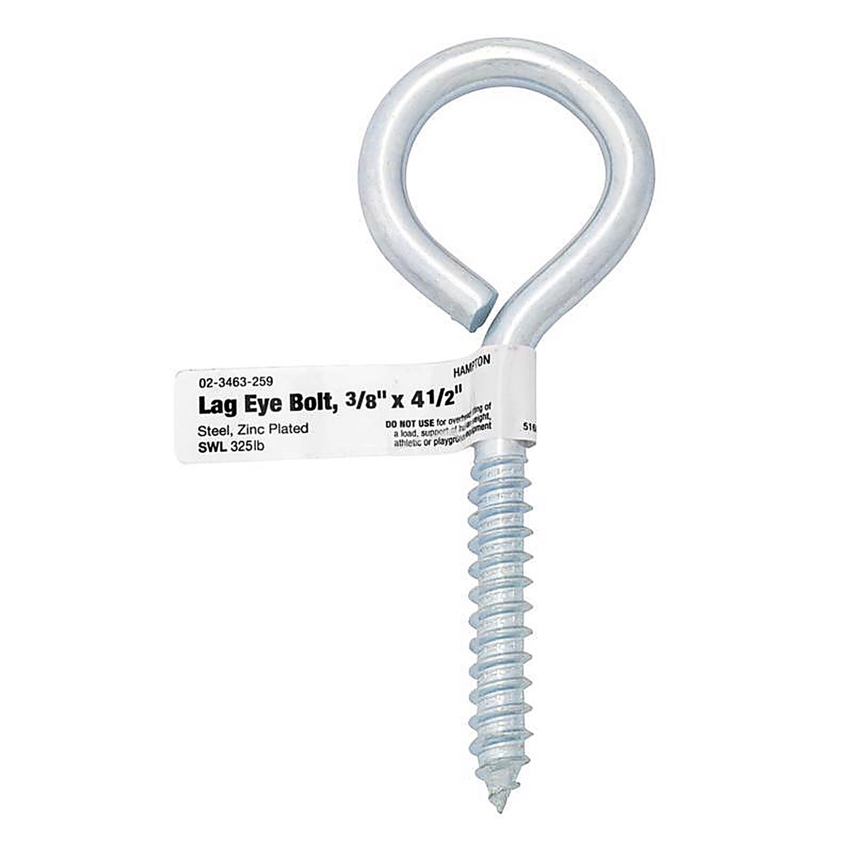 Hampton 02-3463-259 3/8 in. x 4-1/2 in. L Zinc-Plated Steel Lag Thread Eyebolt