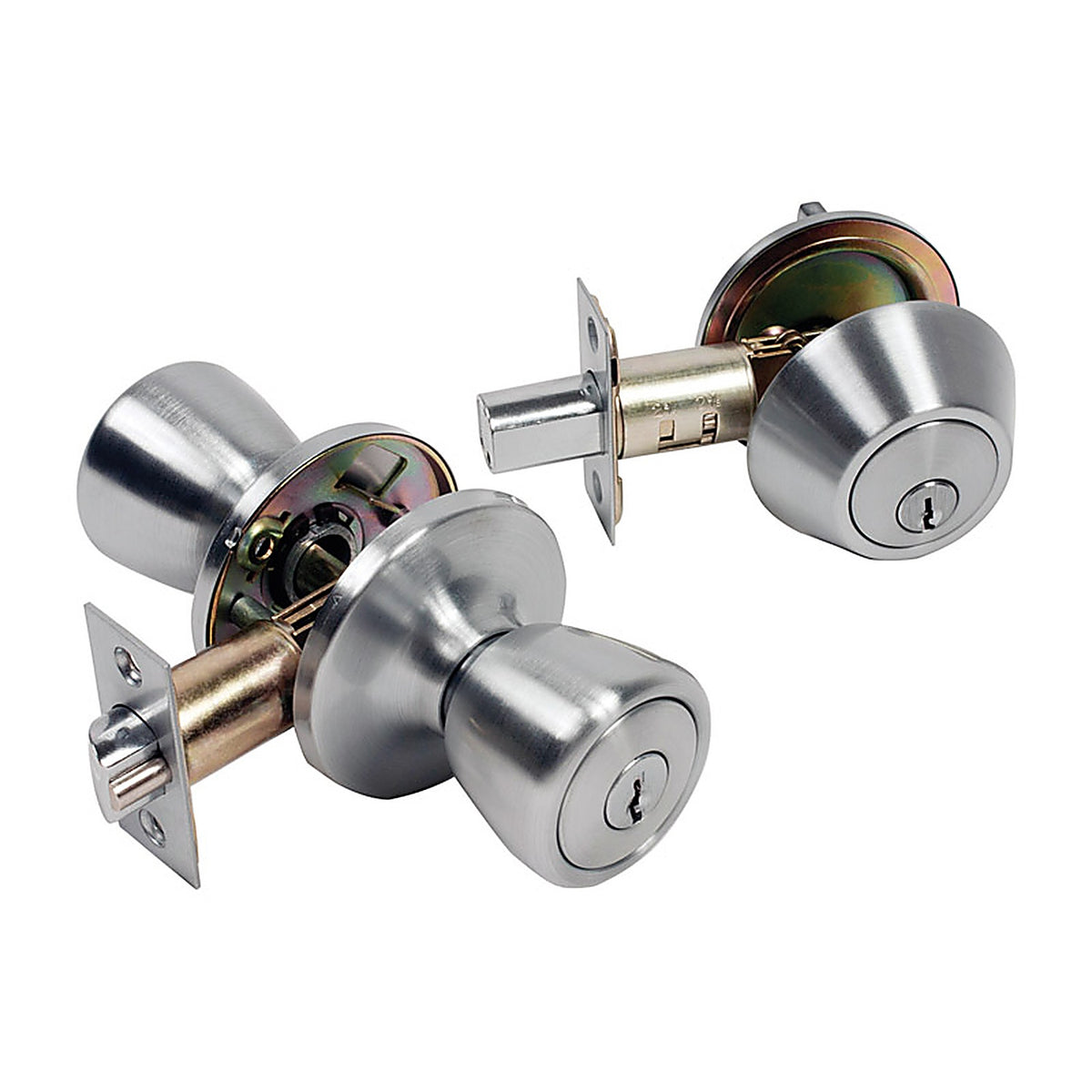 Home Plus LA2142 Satin Chrome Knob and Deadbolt Set ANSI Grade 3 1-3/4 in.