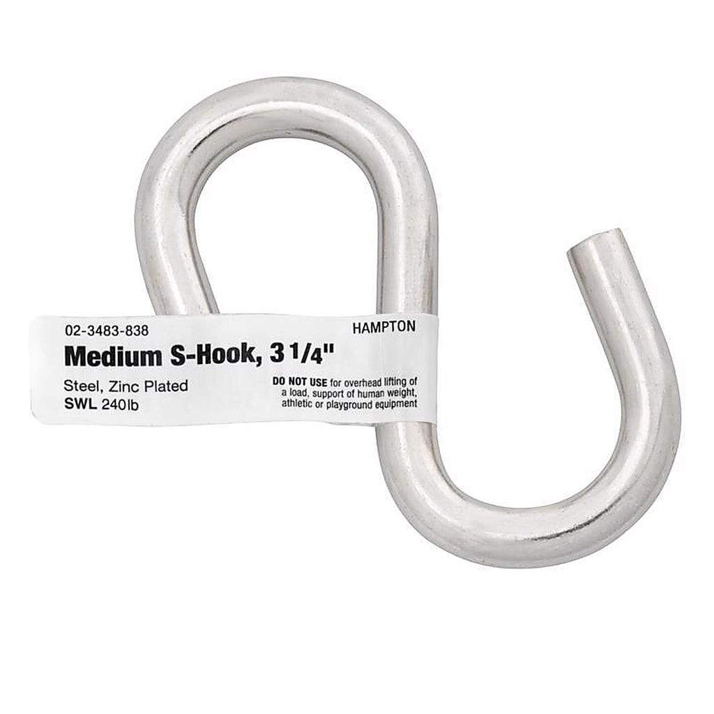 Hampton 02-3483-838 Medium Zinc-Plated Silver Steel 3.25 in. L S-Hook 240 lb. 1/Pack