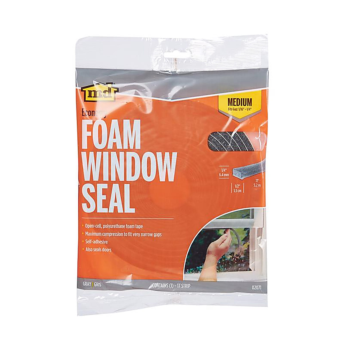 M-D 2071 Gray Foam Weather Stripping Tape For Doors and Windows, Doors and Windows 17 ft. L x 1/4 in.