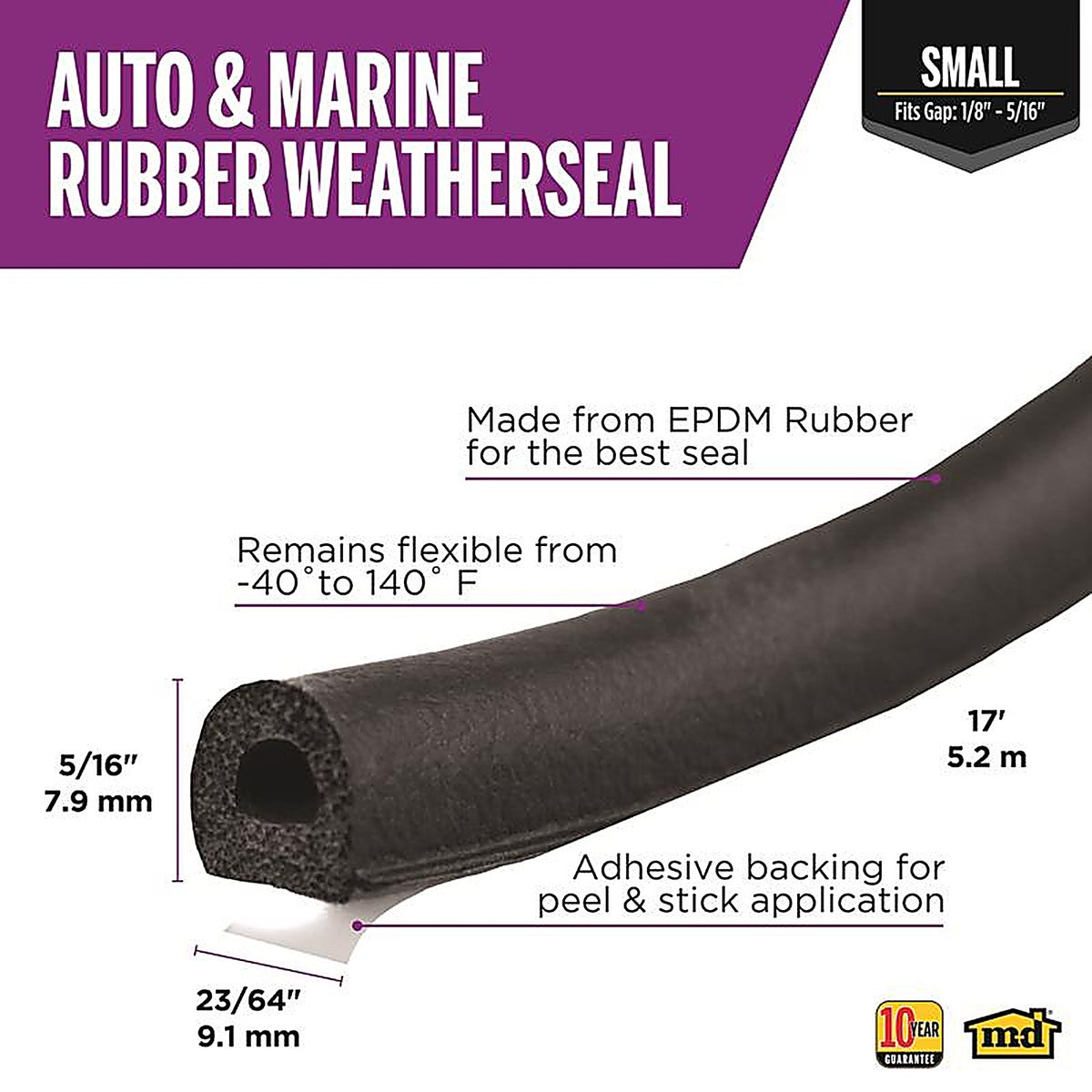M-D 1025 Black Rubber Weatherstrip For Auto and Marine 17 ft. L x 5/16 in.