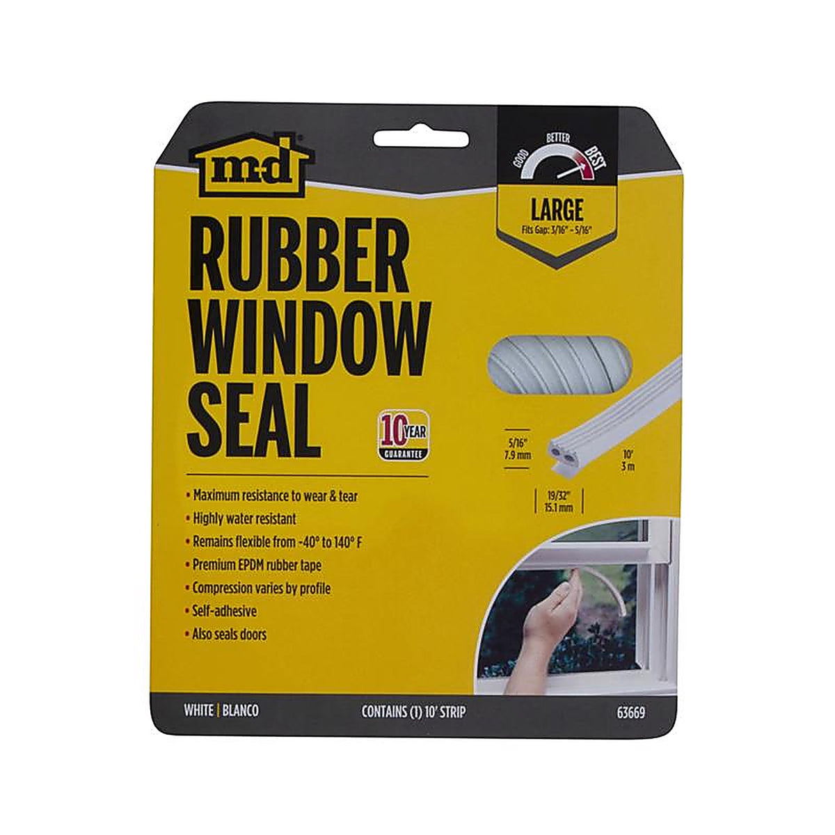 M-D 63669 White Rubber Weatherstrip For Doors and Windows, Doors and Windows 10 ft. L x 5/16 in.