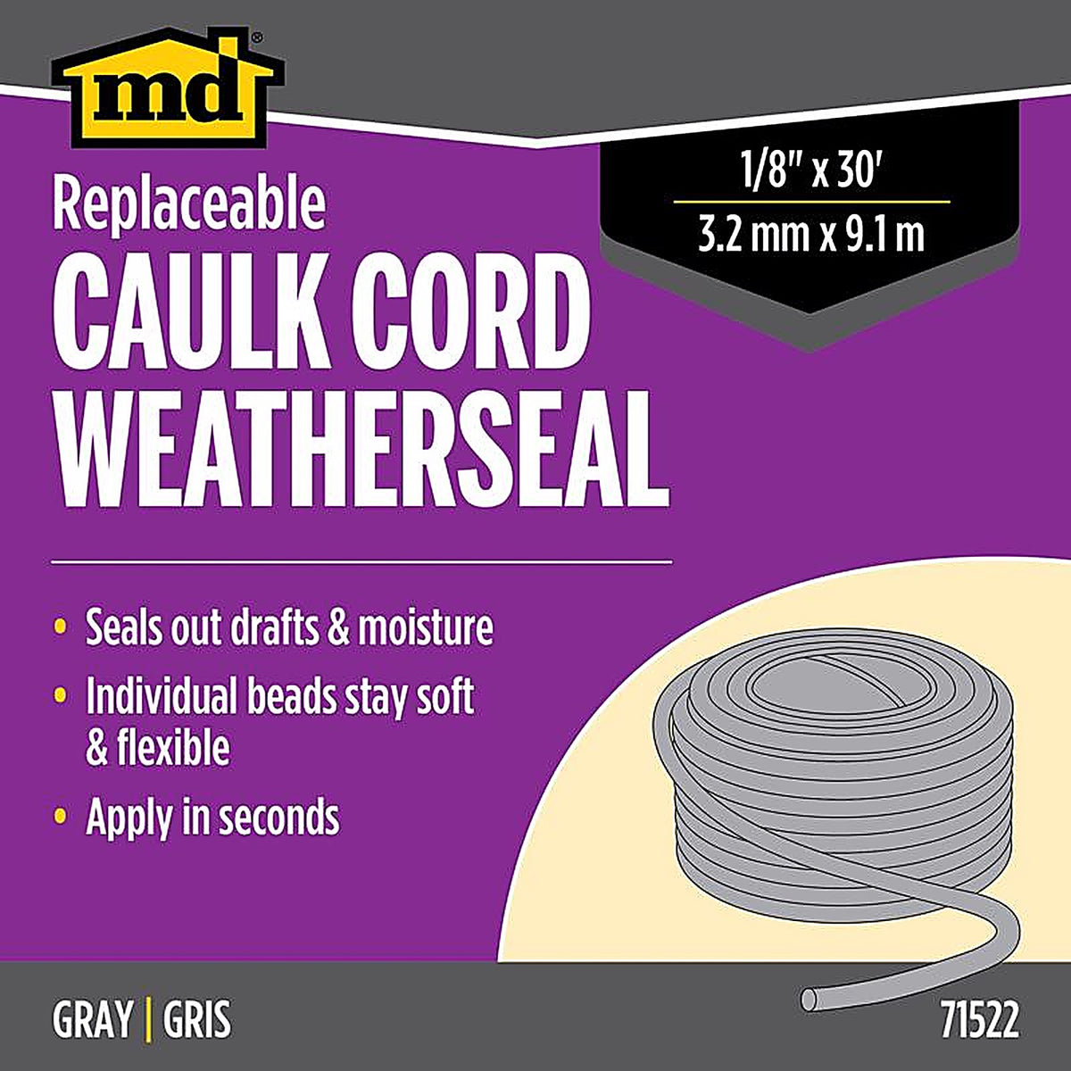 M-D 71522 Gray Synthetic Fiber Caulking Cord For Doors and Windows, Doors and Windows