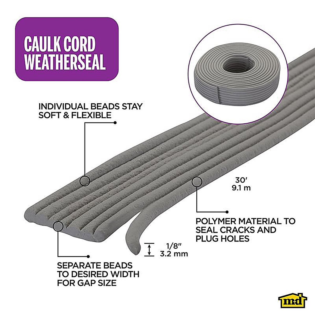 M-D 71522 Gray Synthetic Fiber Caulking Cord For Doors and Windows, Doors and Windows