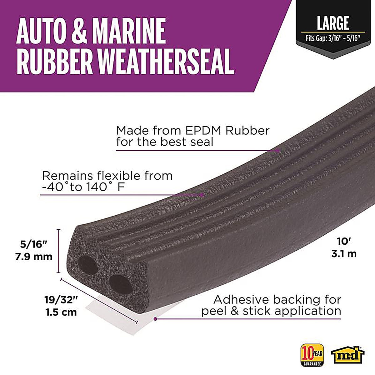 M-D 1033 Black EPDM Rubber Foam Weatherstrip For Auto and Marine 10 ft. L x 5/16 in.