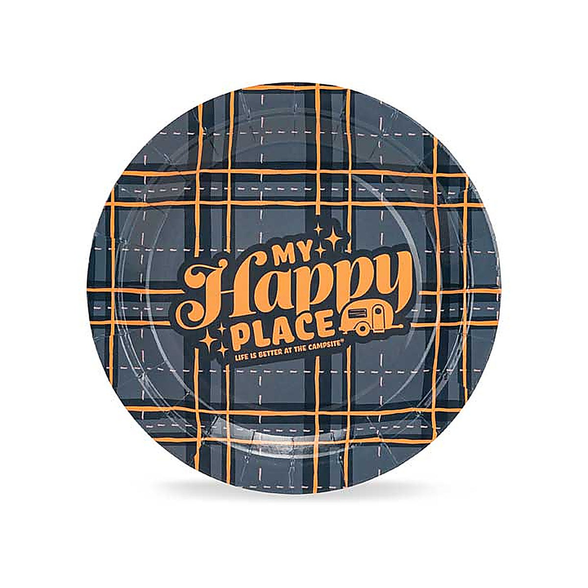 Camco - 53494 - Libatc - Paper Plates, Small, My Happy Place, Dk Blue Plaid