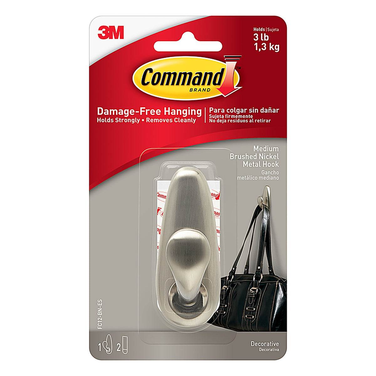 3M FC12-BN Command 3-1/4 in. L Brushed Nickel Metal Medium Hook 3 lb. capacity 1/Pack