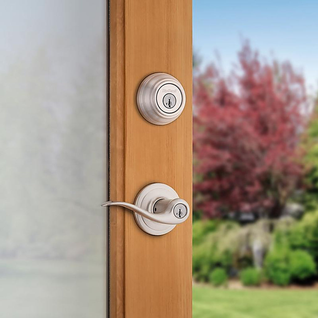 Kwikset 99910-040 SmartKey Tustin Satin Nickel Entry Lever and Deadbolt Set ANSI/BHMA Grade 2 KW1 1-3/4 in.