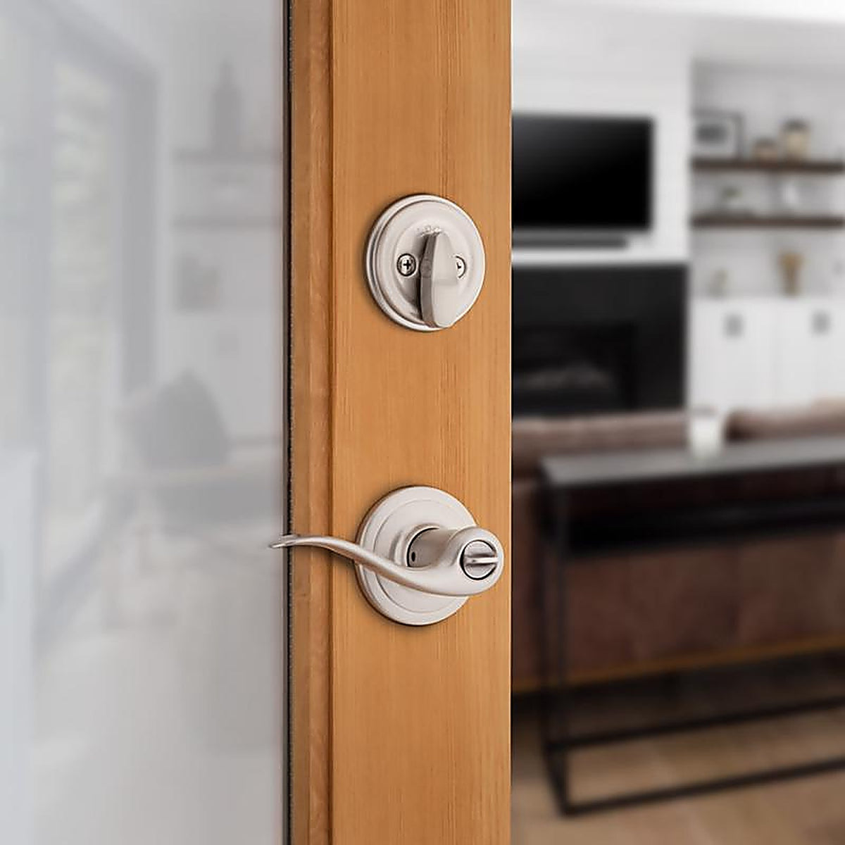 Kwikset 99910-040 SmartKey Tustin Satin Nickel Entry Lever and Deadbolt Set ANSI/BHMA Grade 2 KW1 1-3/4 in.