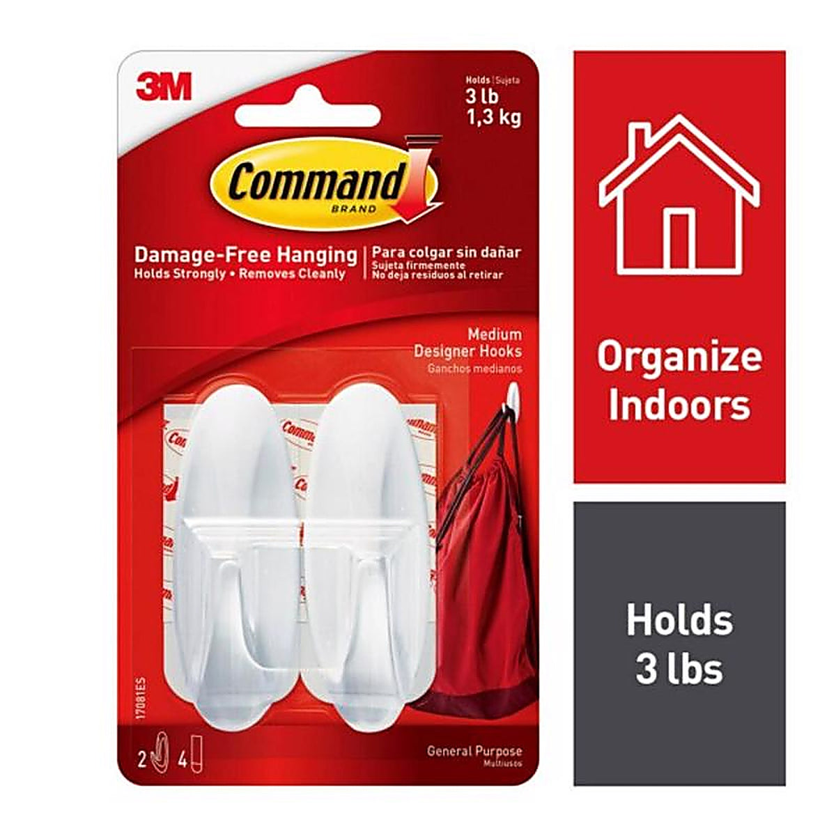 3M 17081ES Command Medium Plastic Designer Hooks 3-1/8 in. L 2/Pack