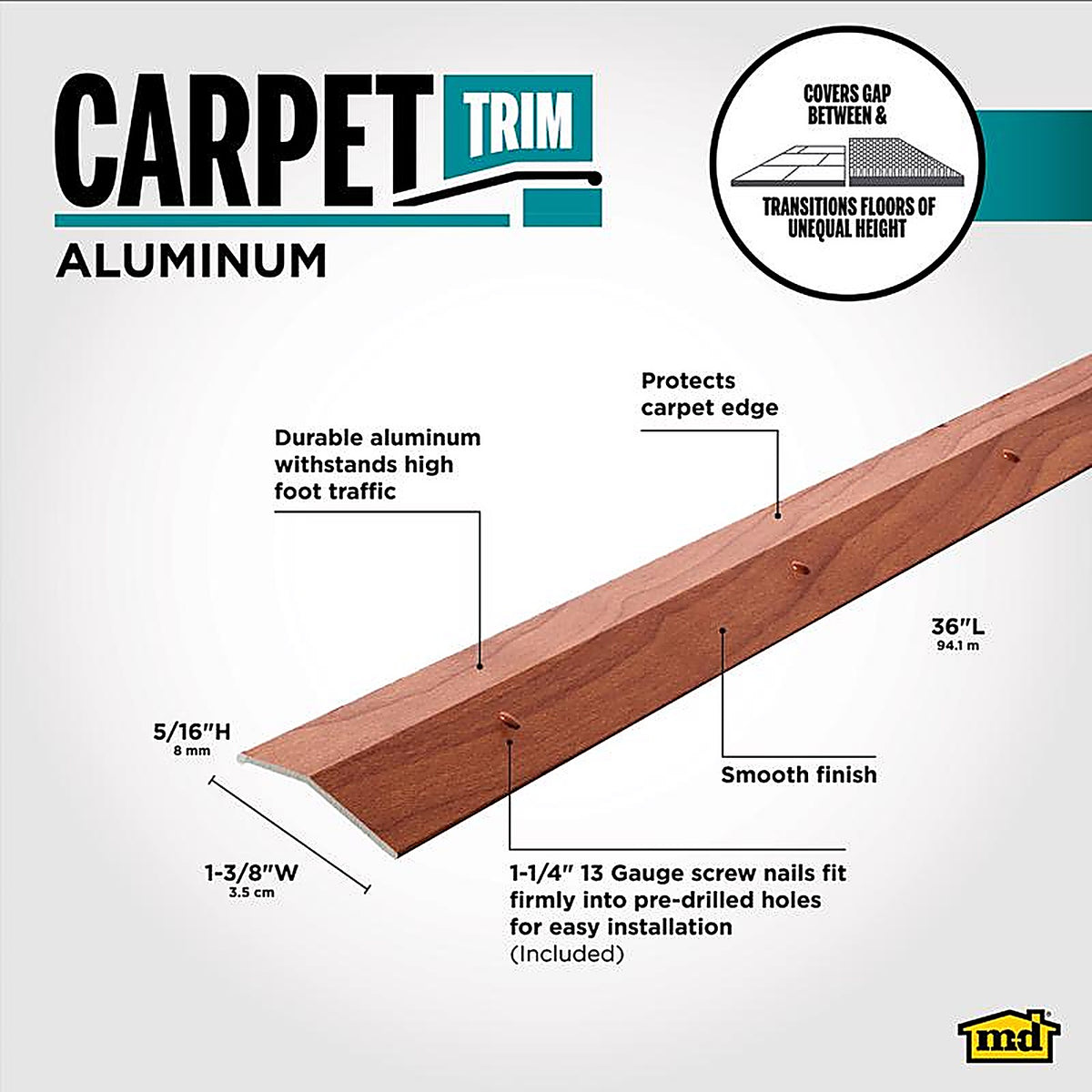 M-D 40124 0.38 in. H x 36 in. L Prefinished Brown Aluminum Carpet Trim